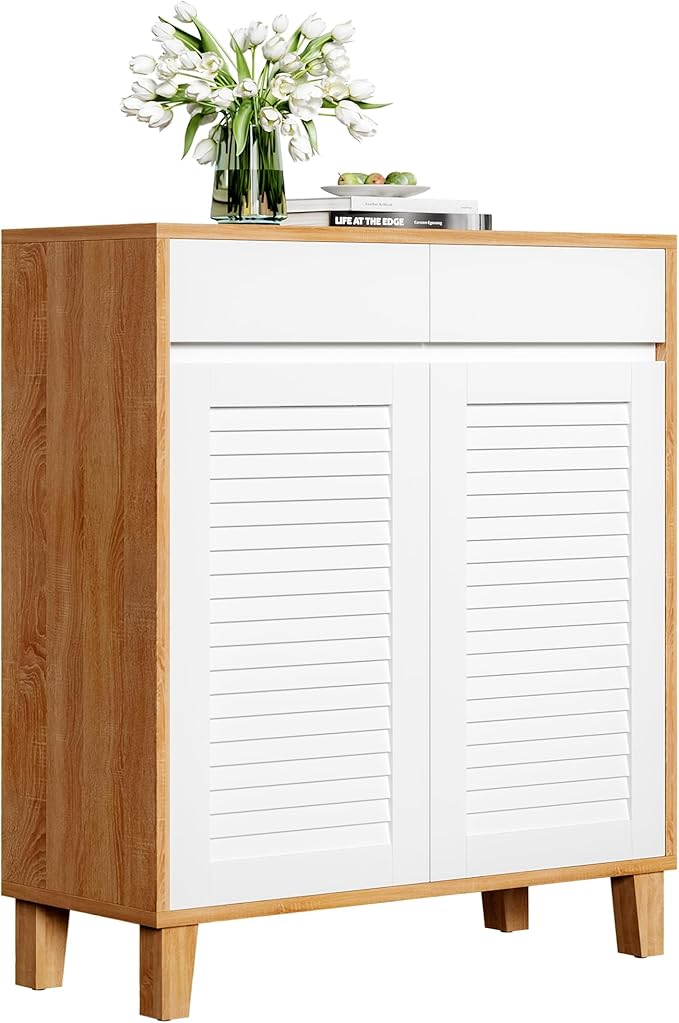 4-Tier Shoe Storage Cabinet with Drawer & Adjustable Shelves, Wooden Shoe Organizer Rack with Louvered Doors for Entryway, Hallway, Closet, Living Room(White/Brown)