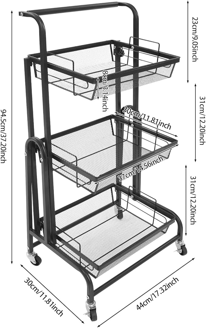 3 Tier Rolling Utility Cart with Wheels, Metal Rolling Foldable Storage Shelves, Adjustable Tilt Angle Storage Organizer for Living Rooms, Kitchens, Bathrooms (Black)