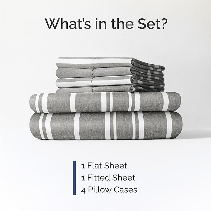 Queen 6 Piece Sheet Set - Cooling & Breathable Bed Sheets - Hotel Luxury Bed Sheets for Women, Men, Kids & Teens - Bedding w/Deep Pockets & Easy Fit - Soft & Wrinkle Free - Queen Grey Stripes Sheets