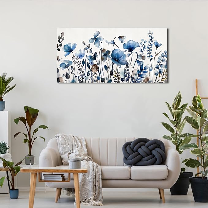 VEAEE Floral Wall Art, Abstract Indigo Flowers Canvas Pictures, Living Room Wall Decor, Modern Landscape Painting, Botanical Grass Artwork for Bedroom Bathroom Kitchen Office Wall Decor 20"x 40"