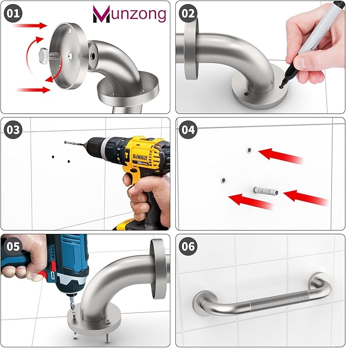 12 Inch Anti Slip Grab Bars for Wall,Munzong Stainless Steel Bathroom Grab Bars for Bathtubs and Showers,Brushed Nickel Knurled Handicap Balance Bar,Safety Hand Rail Support Elderly Senior Bath Handle