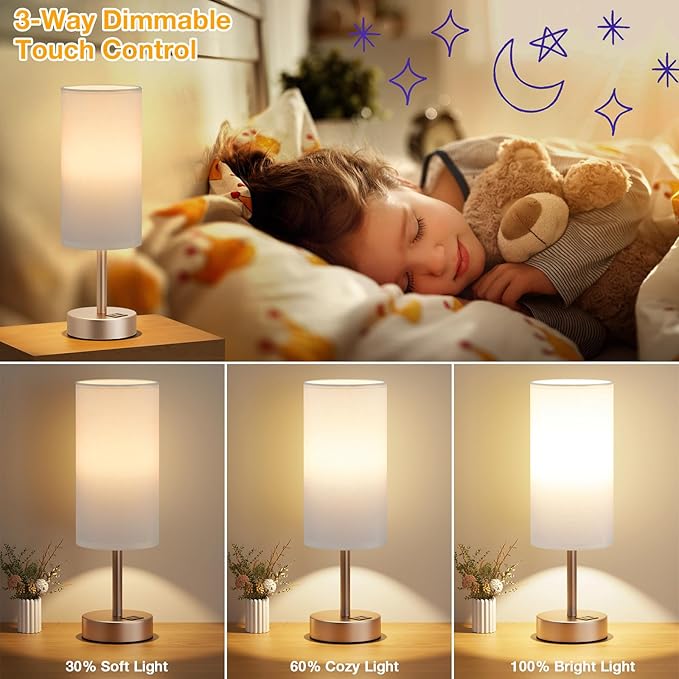 Dicoool Touch Bedside Table Lamp with USB - 3 Way Dimmable Lamp for Bedroom Nightstand, Desk Lamp with Charging Station for Dorm, Living Room, Office, Kids Room, Nursery
