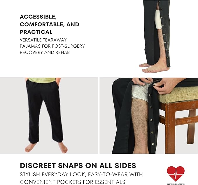Inspired Comforts Unisex Tearaway Post Surgery Recovery Pajama Pants with Side Snaps & Pockets