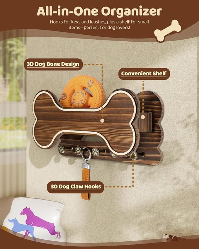 MTERSN Farmhouse Dog Leash Holder for Wall - Dog Stuff Organizer and Doggie Bone Key Holder Wall Mount with 5 Decorative 3D Puppy Paw Hooks & Storage Shelf - Ideal Home Decor (Brown)