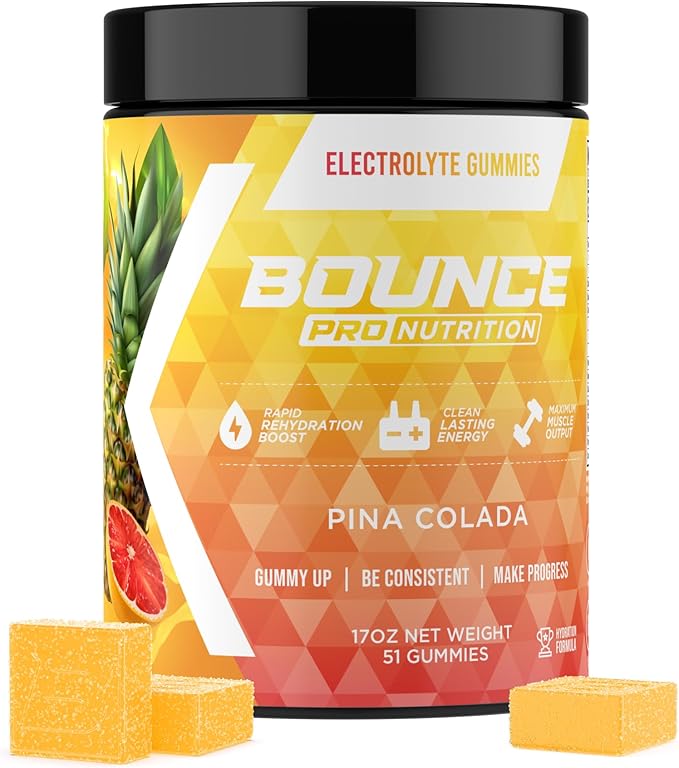 Bounce Pro Hydration Electrolyte Gummies – 51 Vegan Chewable Gummies with Sodium, Potassium & Magnesium for Running, Workouts & Endurance – No Sugar, Caffeine Free Electrolyte Chews, Pina Colada