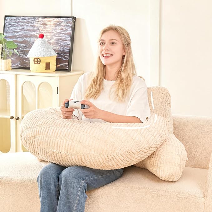 Back Pillow for Bed Sitting Up,U Shaped & Back Support Pillow for Bed,19" Backrest with Lumbar & Arm Support,Comfy Corduroy Fabric,Lap Pillow for Gaming/Reading/Watching TV,White