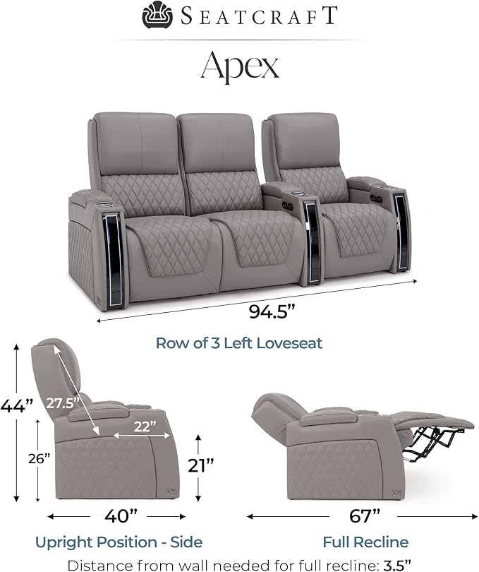 Seatcraft Apex Zero-Gravity CoolZero Italian Leather Home Theater Seating, Powered Headrest, Powered Lumbar, Powered Recline, Row of 3 Left Loveseat, Gray