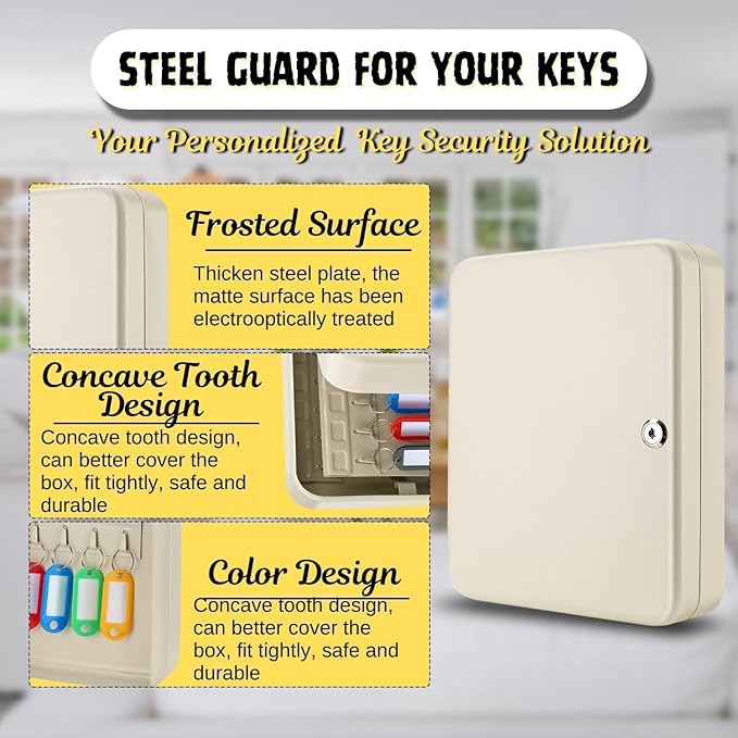 Flexzion Key Box Wall Mount with Code, Key Cabinet with 60 Key Holder Organizer Locker Case, Colored Key Tags & Hooks Wall Mounted Lock Box for Keys Storage, Homes, Property, Hotels, Business (Gray)