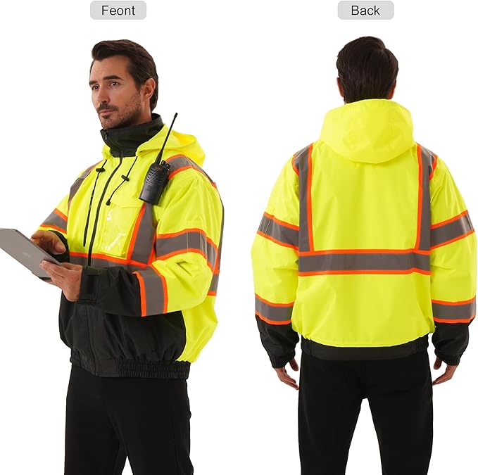 Hi Vis Safety jacket for men,Reflective high Visibility Hooded jacket,Work Bomber Jacket with Pockets and Zipper,Waterproof,ANSI Class 3 Black Bottom Yellow,Small