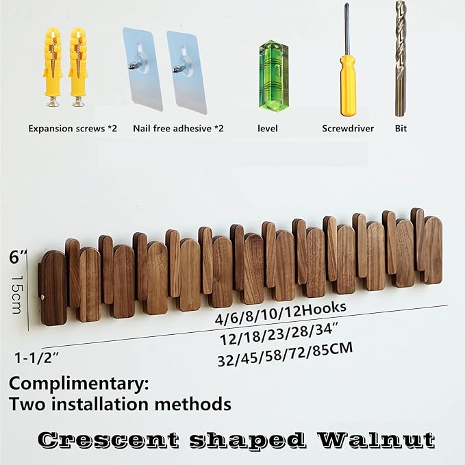 Wall Mounted Piano Key Hanger | Flip Style Hook | Entrance Wall Art Hook, Made of Oak Wood (3 Times Painted, 4 Times Polished) (Arc Walnut-Beech, 12Hooks)