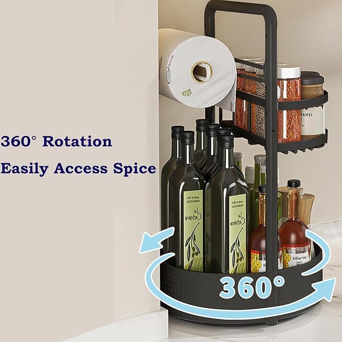 JEESA Lazy Susan Organizer, 360° Rotating Metal Spice Rack with Paper Towel Holder, Turntable Spice Holder for Condiments, Bottles, Jars, Suit for Kitchen Countertop & Cabinet, Black
