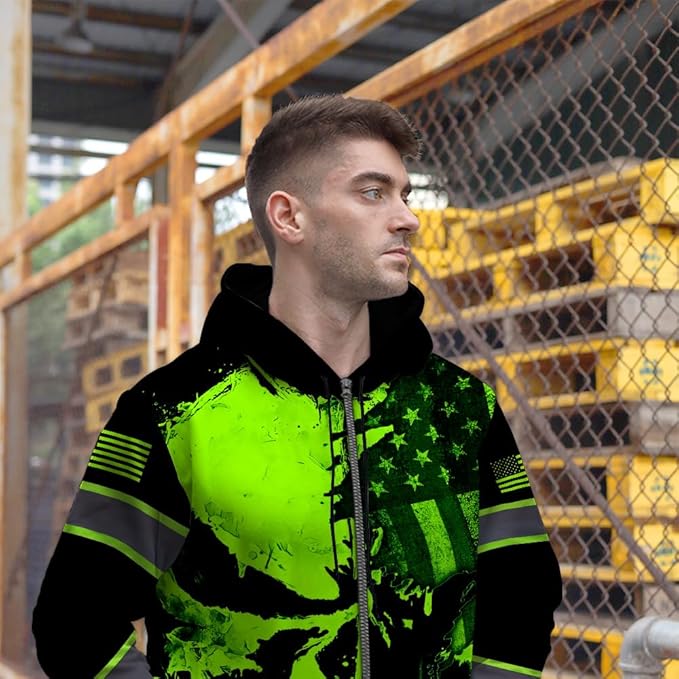 Maddly Hi Vis Reflective Zip Up Hoodie, High Visibility Safety Jacket with Skull Design for runner, worker, trucker, cyclist