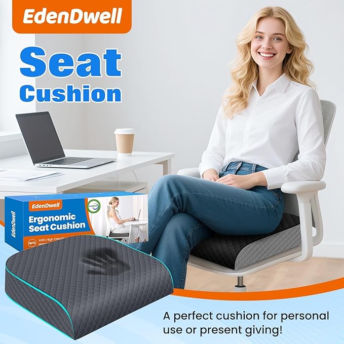 Seat Cushion, Memory Foam Chair Pad, Non-Slip Cushion for Office, Home, Car, Large Desk Chair Cushion, Washable Cover & Handle, Large, Grey