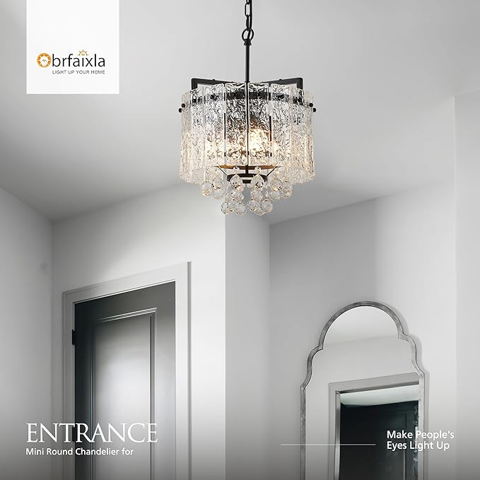 13.4" Small 4-Light Modern Glass Chandelier Light Fixtures Mini Black 2-Tier Crystal Chandeliers for Dining Room Round Hanging Ceiling Pendant Lighting for Kitchen Island Entryway Hallway