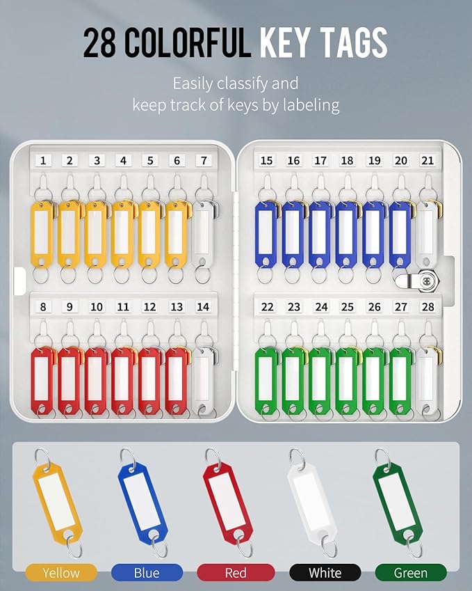 Uniclife 28 Position Key Cabinet with Key Lock Wall Mounted White Security Storage Box Steel Key Organizer with Colorful Key Tag Labels Stickers and Hooks
