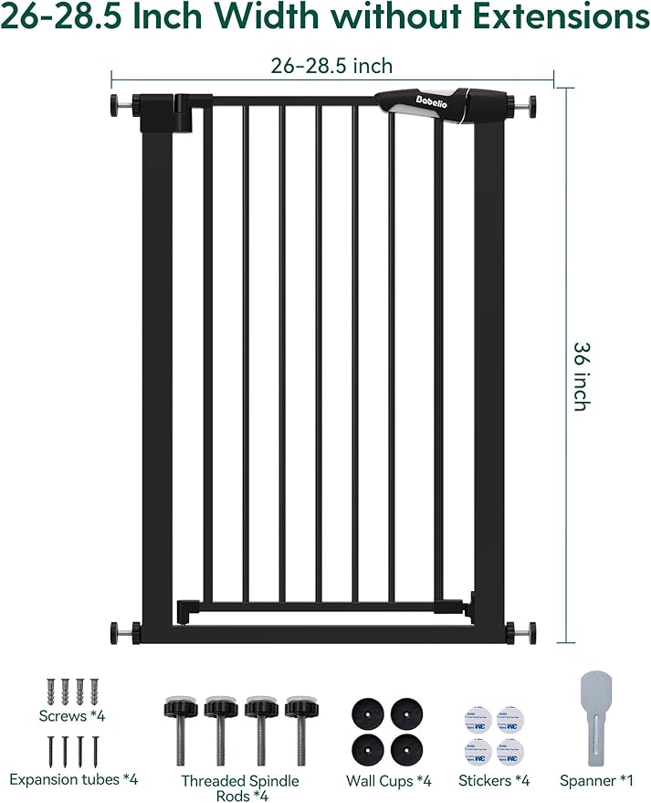 BABELIO 36" Tall Narrow Baby Gate, 26-28.5" Auto-Close Metal Pet Gate for Small Stairs/Doorways/Hallways, NO Drilling Pressure Mounted for Child and Pets, NO Extensions, Black