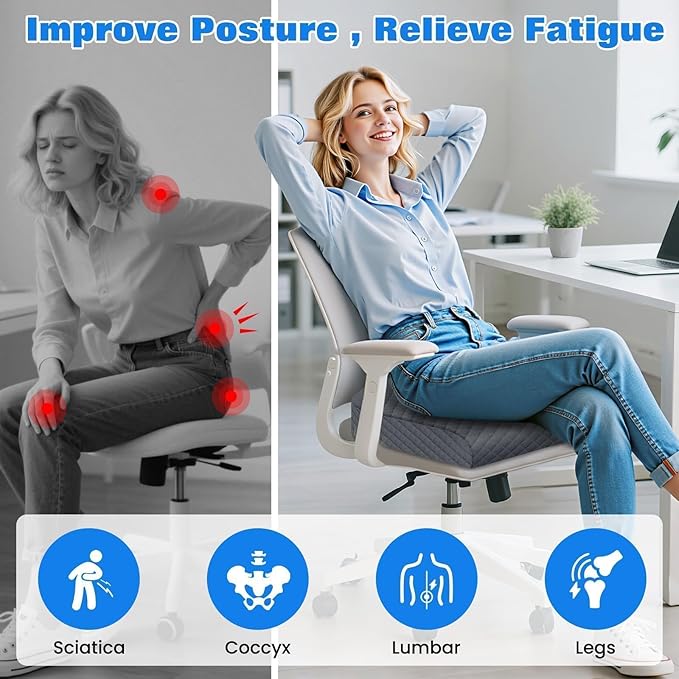 Seat Cushion, Memory Foam Chair Pad, Non-Slip Cushion for Office, Home, Car, Large Desk Chair Cushion, Washable Cover & Handle, X-Large, Grey