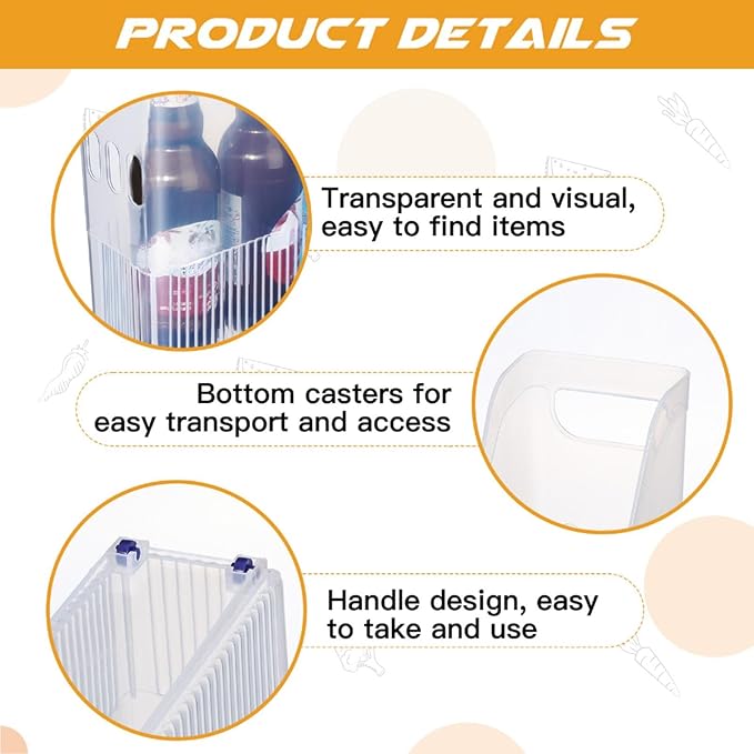 4 Pcs Plastic Freezer Organizer Bins with Wheel Tall Narrow Kitchen Pantry Organizer Snack Storage Containers for Office Refrigerator(10 x 13.3 x 3.5 Inch)