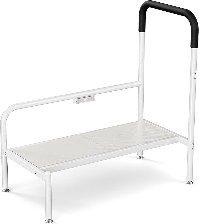 Bed Step Stool for Adults, Bedside Steps for Elderly Seniors with Non-Slip Handle & LED Light, Stable Assist Rail for High Beds
