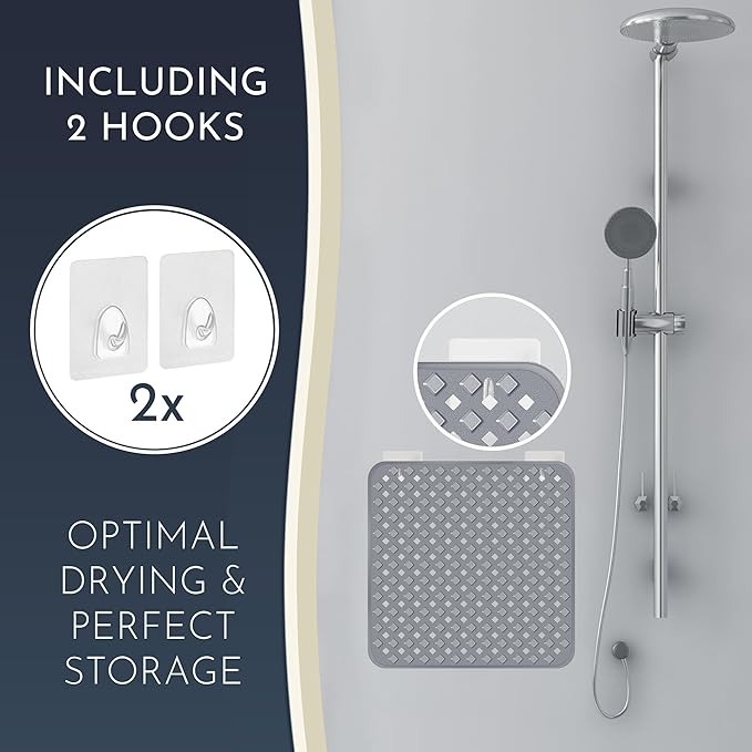 homerella® Shower Mat Non Slip Anti Mold, Non Slip Shower Mats for Inside Shower Stall Anti Slip Mat, Square Shower Floor Mat 21 x 21 in with Suction Cups & Hooks for Quick Drying, Machine Washable