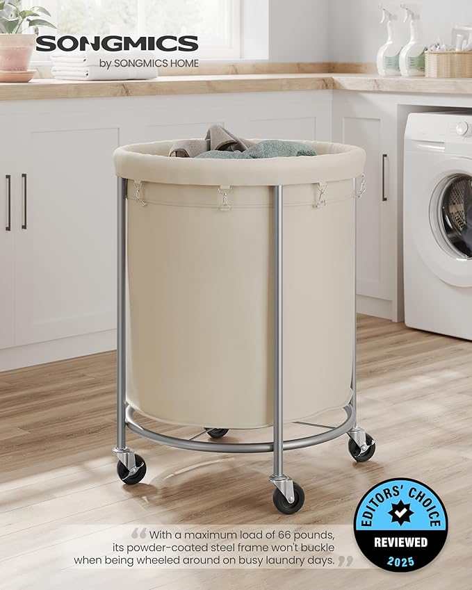 SONGMICS 50.2-Gallon (190 L) Laundry Basket with Wheels, Rolling Round Heavy-Duty Laundry Hamper Cart with Steel Frame and Removable Bag, 2 Locking Wheels, Cream White and Metallic Silver URLS01MZ