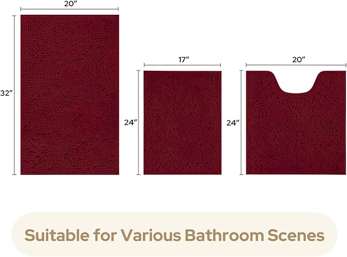 HOMEIDEAS 3 Pieces Bathroom Rugs, Ultra Soft Non Slip Absorbent Chenille Toilet Bath Mat Set (Burgundy)