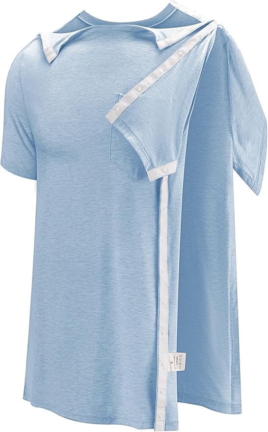 Poriff Men's Post Shoulder Surgery Recovery Shirts Full Tear Away Short Sleeve Snap Chemo Port Access Shirt