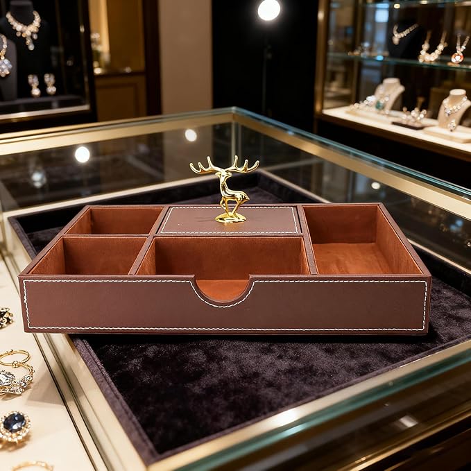 Jewelry Trays Nightstand Organizer, Valet Tray for Men and Women, Tray Organizer,Can hold Mobile phones, watches, cosmetics, keys. Dark Brown Faux Leather, 5 Compartment