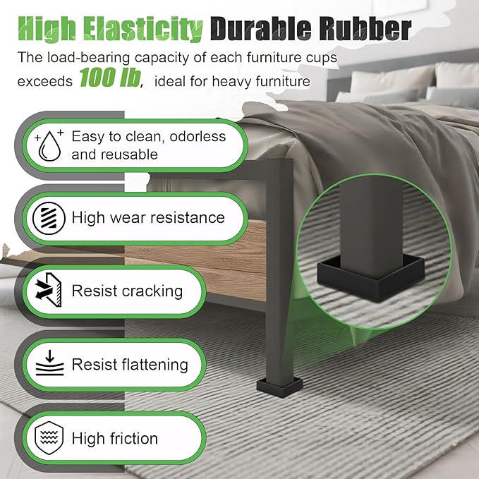 xxxHOLIC Non Slip Furniture Pads for Hardwood Floors, 2 * 2 Inch Black, Set of 4, Rubber Bed Stoppers to Prevent Sliding, Furniture Coasters for Protecting Floors from Scratches and Reduce Noise