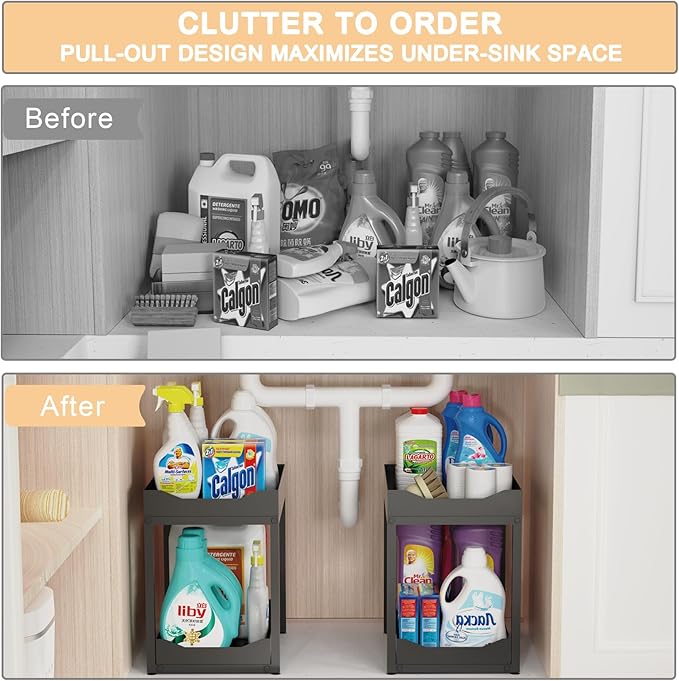 2-Tier Bathroom Organizers and Storage, Metal Under Sink Organizers,Pull Out Cabinet Organizer Shelf, Sliding Drawer for Kitchen Pantry Cabinet Closet Organization Rack (Black, 2 Pack)