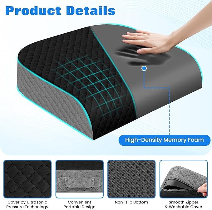 Seat Cushion, Memory Foam Chair Pad, Non-Slip Cushion for Office, Home, Car, Large Desk Chair Cushion, Washable Cover & Handle, Large, Black