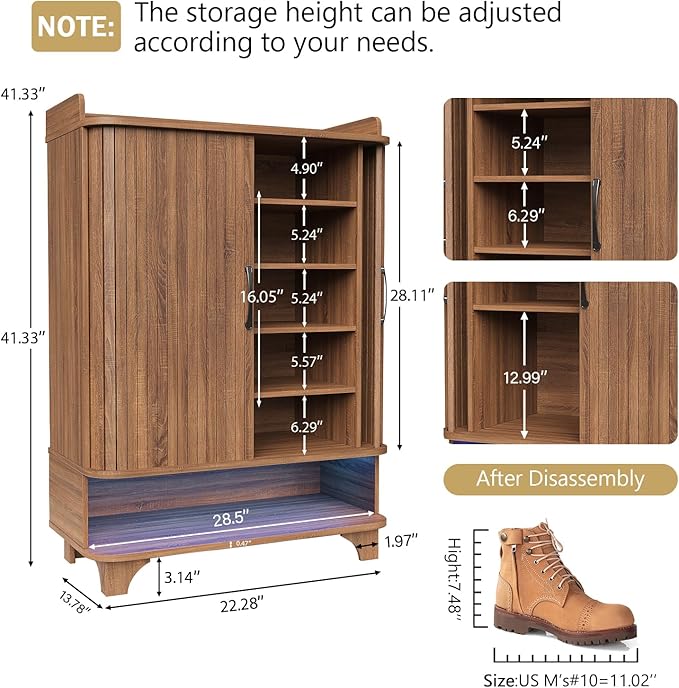 Maupvit 6-Tier Shoe Cabinet with Fluted Sliding Tambour Doors, Entryway Shoe Storage Cabinet with Led Light & Open Storage, 4 Adjustable Shelf, Shoes Rack Organizer for Entryway, Hallway, Living Room