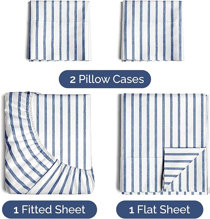 Twin 4 Piece Sheet Set - Cooling & Breathable Bed Sheets - Hotel Luxury Bed Sheets for Women, Men, Kids & Teens - Bedding w/Deep Pockets & Easy Fit - Soft & Wrinkle Free - Twin Blue Stripes Sheets