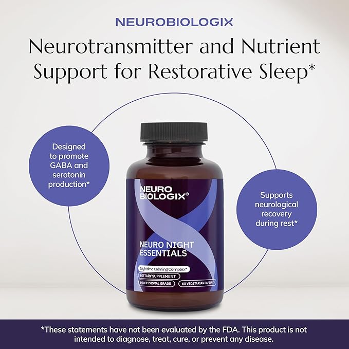 Neurobiologix Neuro Night Essentials, Calming Nighttime Formula with GABA L-Theanine Valerian Root & Magnesium, Supports Relaxation Emotional Balance & Wind-Down Routine, 60 Vegetarian Capsules