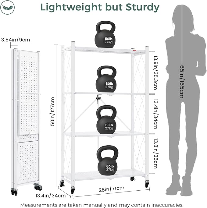 DEANIC 4 Tier Foldable Storage Shelves with Wheels, Large Capacity Shelving Unit, Freestanding Metal Wire Shelf Rack, No Assembly Organizer Rack for Garage Kitchen, Basement, Pantry(White Pack of 2)