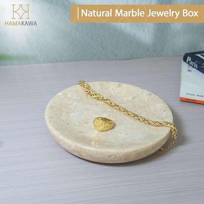 Natural Marble Round Jewelry Tray 5.5 inch, Beige Travertine Accent Dish for Rings, Keys, Earrings and Soap, Ideal Gift for Women