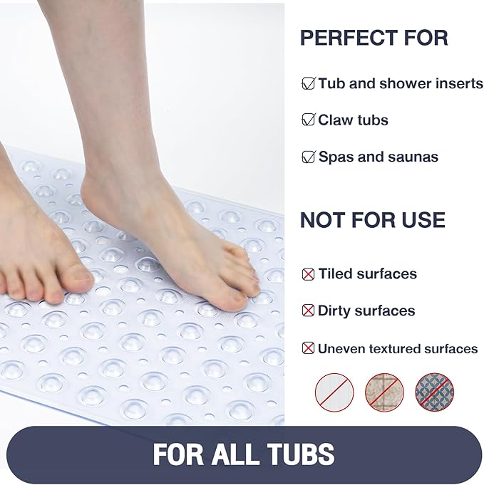 Extra Long Clear Bathtub Mat Non Slip, Soft Bath Mat for Tub 40 x 16 Inch Full Size, Bath Tub Shower Mats for Bathroom Floor with Big Suction Cups and Drain Holes, Easy Washable, BPA Free
