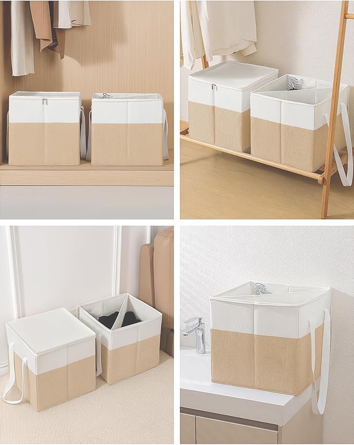 2-Pack Rigid Clothes Hanger Organizer Bag with Dust-Proof Lid, Hanger Storage Holder with Support Boards, Large Capacity Clothes Storage Containers with Handle for Laundry-Beige/Linen