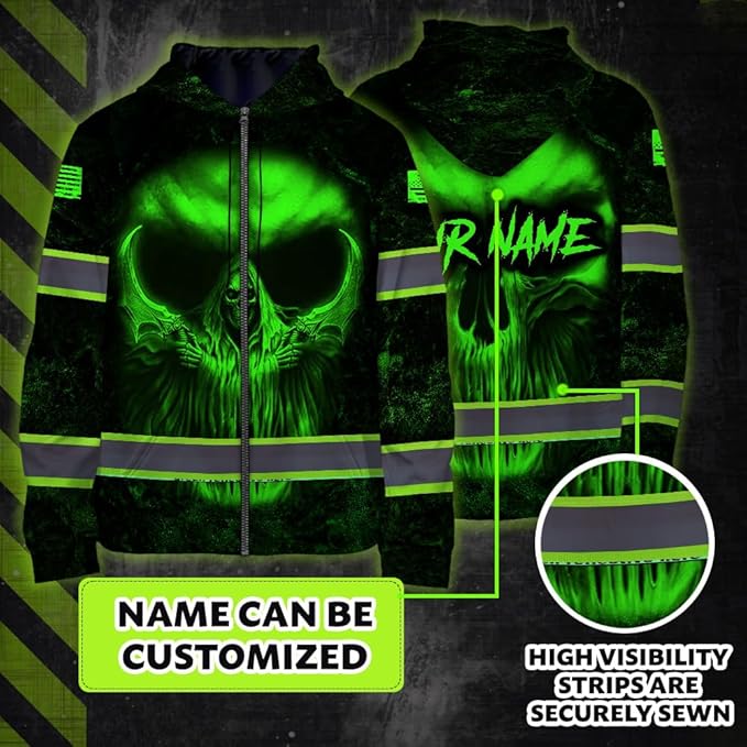Maddly Hi Vis Reflective Zip Up Hoodie, High Visibility Safety Jacket with Skull Design for runner, worker, trucker, cyclist