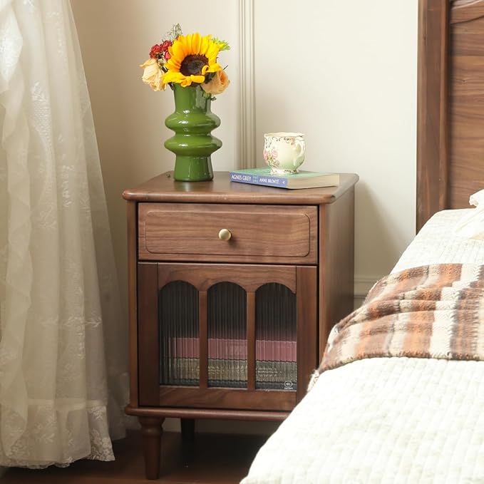 YESWOOD 100% Solid Wood Nightstand, Walnut Nightstands with Drawer, Mid Century Modern Night Stand, Wooden Night Stands with Glass Door, Small Bedside Tables for Bedroom(16.54" x 15.75" x 22.83"H)