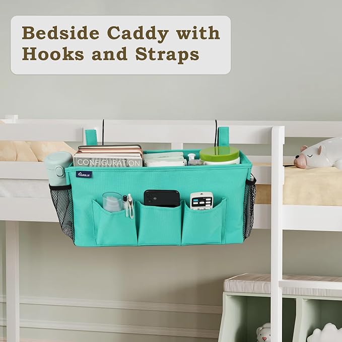 Surblue Bedside Organizer Caddy Hanging Storage Bag with Adjustable Straps and Water Bottle Holder for Home, College Dorm, Bunk Bed, Hospital Bed, Green