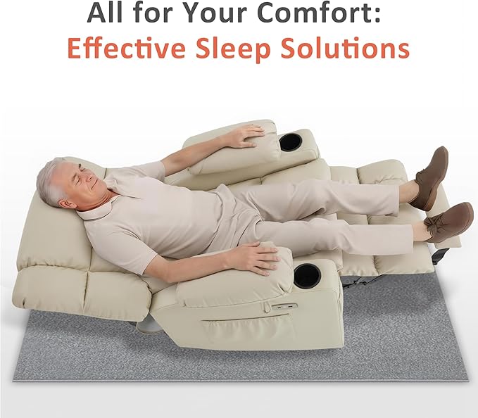 MCombo Dual Motor Power Lift Recliner Chair for Elderly, Lay Flat Lift Chair with Heat and Massage, Cup Holders, USB Ports, Faux Leather 7890 (Cream White, Medium)