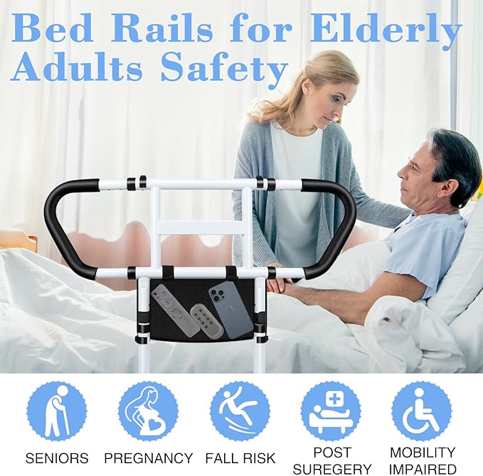 Bed Rails for Elderly Adults Safety: Adjustable Bedside Assist Rails with Storage Pockets, Non-Slip Handles, Motion Sensor Light, Items for Elderly Bed Rail, 400LB Gravity Capacity