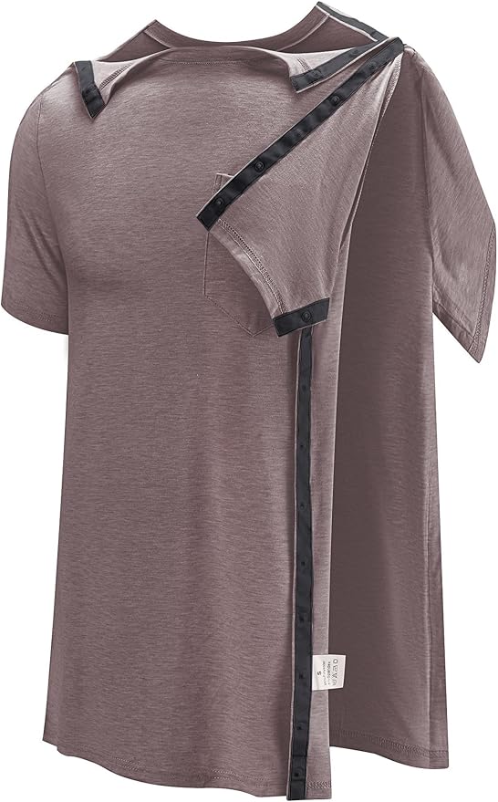 Poriff Men's Post Shoulder Surgery Recovery Shirts Full Tear Away Short Sleeve Snap Chemo Port Access Shirt