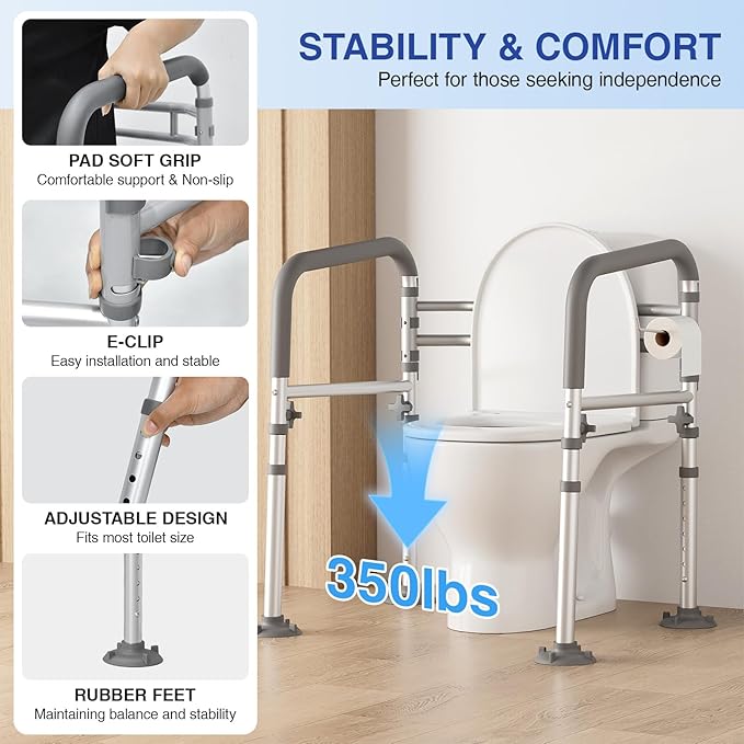 Foldable Toilet Safety Rails for Seniors - Adjustable Toilet Safety Frame & Toilet Handles for Elderly & Disabled, Fits Most Toilets, 350lb Capacity, Gray