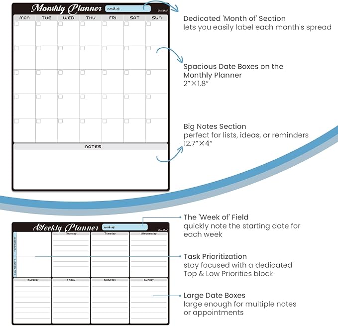 Magnetic Dry Erase Monthly Calendar Set - 15.5"x13" Monthly and 8.5"x13" Weekly Planning Board for Fridge - 6 Extra Fine Point Markers Included - Shipped Flat