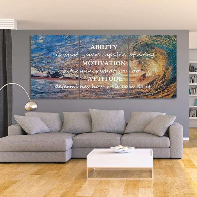 Unbruvo Motivational Wall Art for Office, 3 Pieces Canvas Painting with Inspirational Quotes, Ability Motivation Attitude Prints for Living Room Bedroom Study Room Decor(72" Wx36 H)
