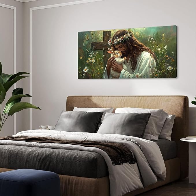 Green Jesus Love Wall Art for Bedroom Canvas Painting Prints GOD Embrace Rabbit Bunny Spiritual Faith Crucifix Cross Vintage Art Deco Spring Artwork Office Farmhouse Decor