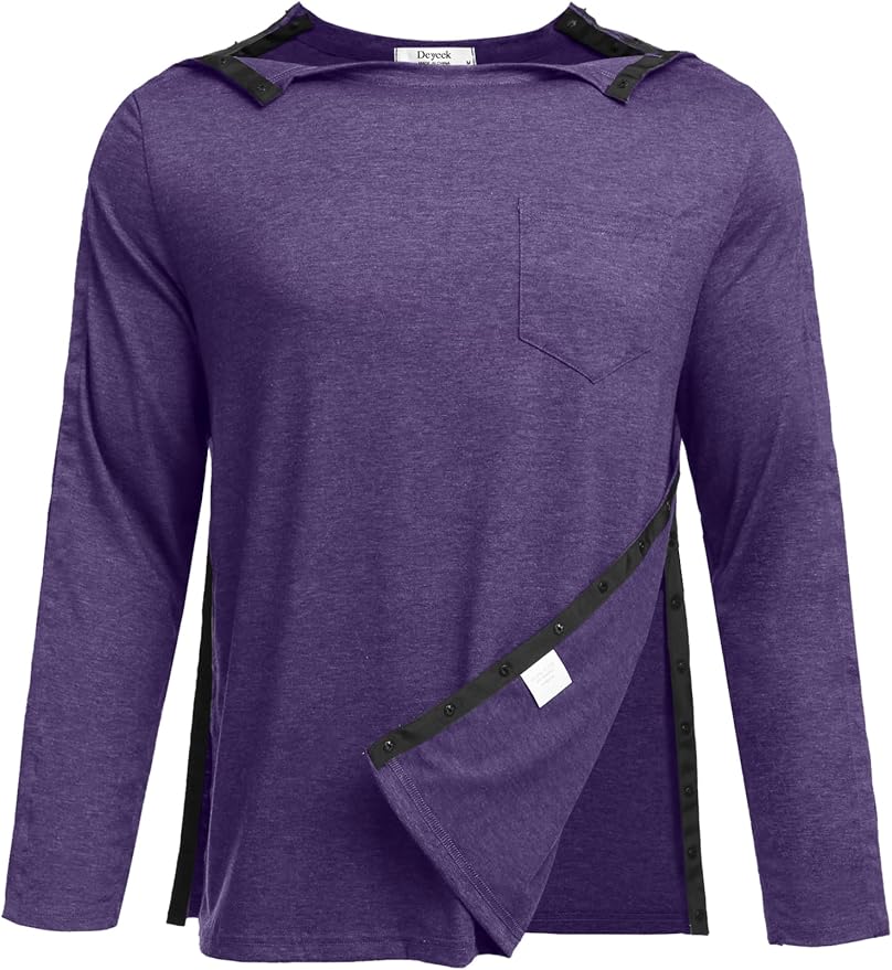 Deyeek Men's Post Shoulder Surgery Recovery Shirts Full Tear Away Long Sleeve Snap Chemo Port Access Shirt