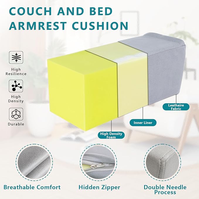 2 Pack Couch Arm Rest Pillow, 8''x8''x20'' Faux Leather Waterproof Cover, High Density Foam Armrest Cushion, Removable & Washable Elbow Support for Sofa, Bed, and Armchair (Medium Grey)
